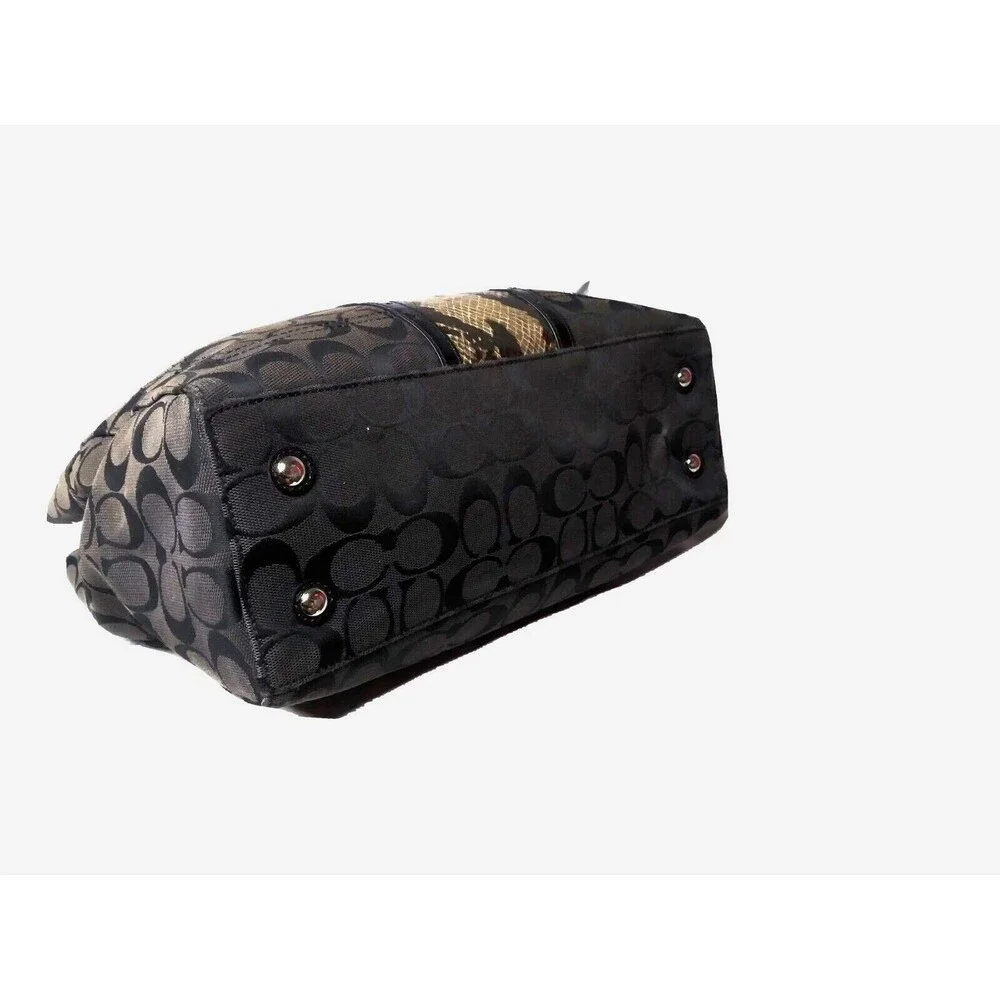COACH F16580 Black Logo Canvas & Leather Handbag Python Embossed Accent